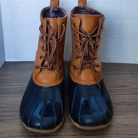 Wild Diva rain boots waterproof navy blue bottom brown top women's size 7 - Picture 3 of 13